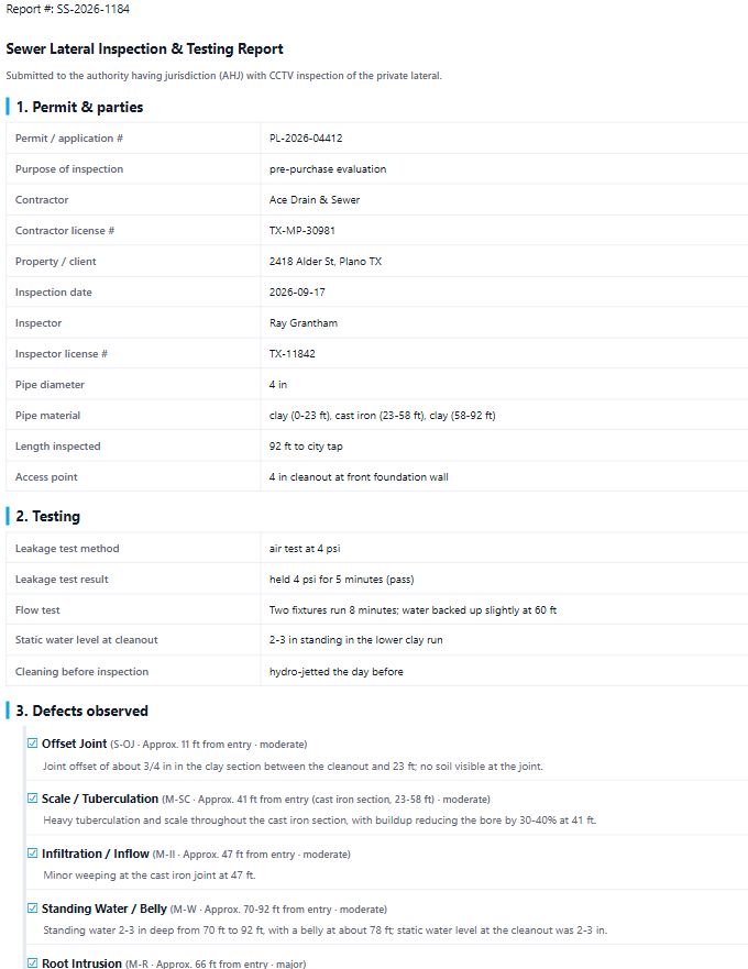 Municipal compliance form template: permit and contractor data, test method and result, defect checklist, pass or fail stamp, signatures