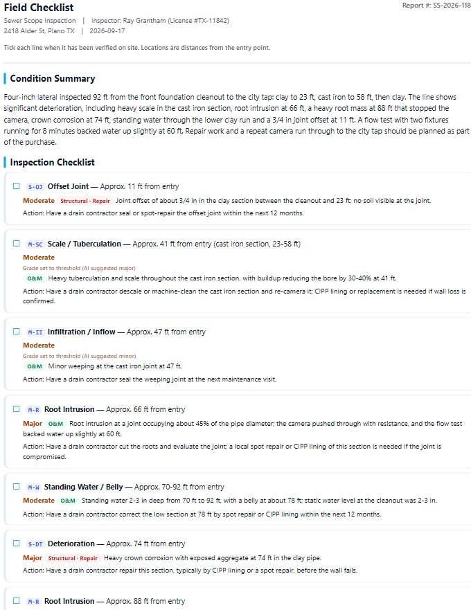 Field checklist template: tick-list of every finding with location and action for re-inspection