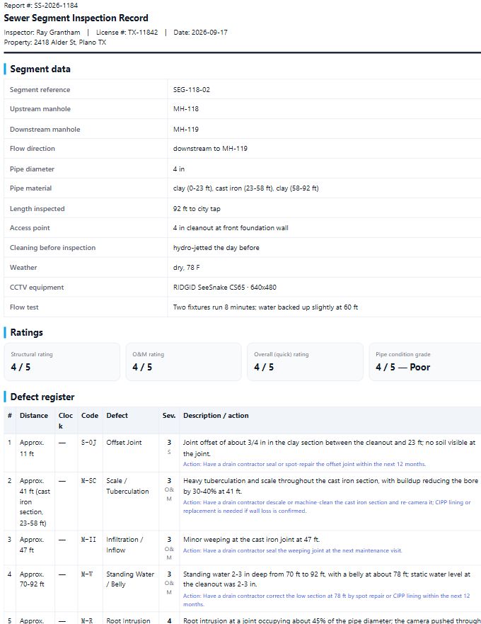 PACP-style segment report template: segment header with manholes and direction, structural and O and M ratings, defect table with distance and clock position